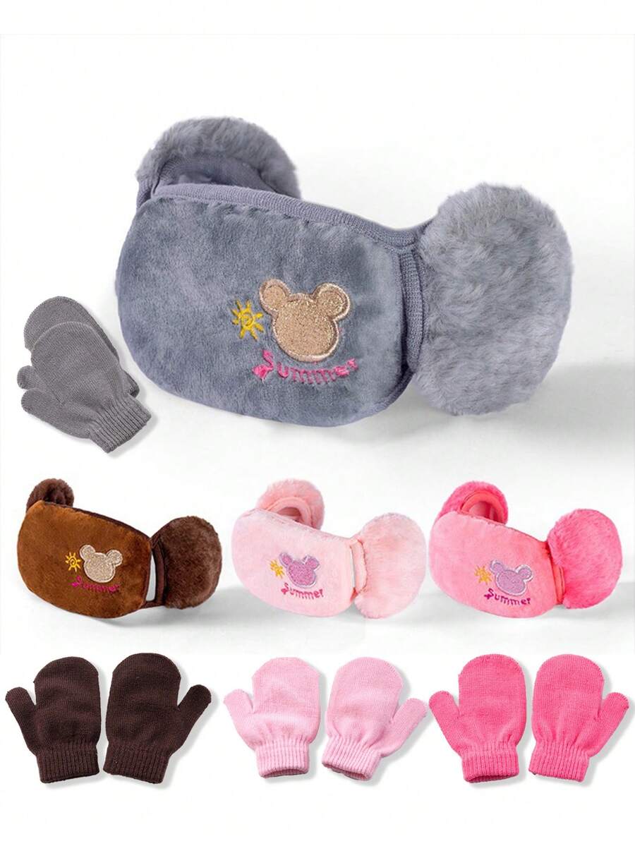 Bộ 2 khẩu trang hoạt hình dễ thương cho trẻ em và bộ bảo vệ tai, chống bụi và ấm áp, mùa thu/đông - con gấu - Xem 1