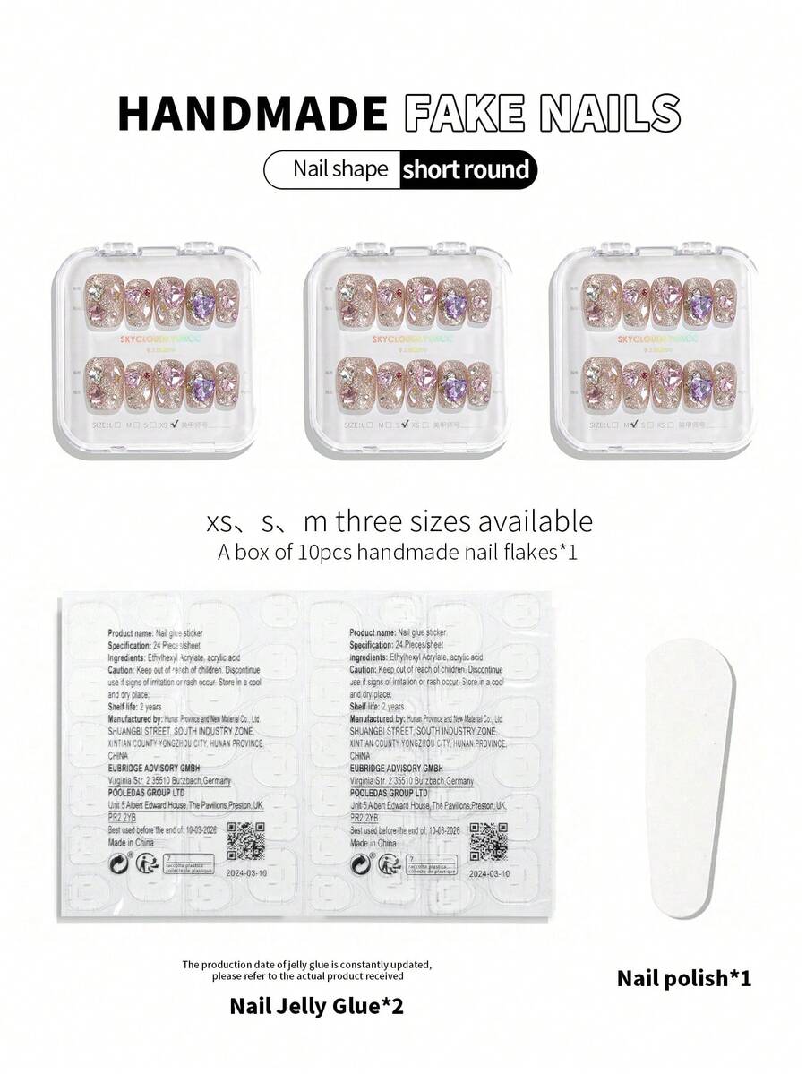 10pcs Handcrafted Nail Art Stickers, Heart Shape Rhinestone Decorations