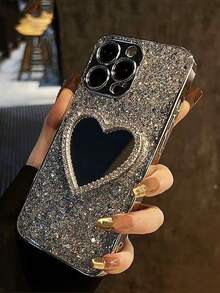 Valentines Y2K Luxury Glitter 3D Heart Mirror Sequins Silicone Phone Case Compatible With IPhone 15 14 13 12 Pro Max 11 Girls Lens Protection Cover - Silver - View 3