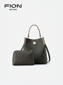 FION Tote Handbag Leather Crossbody Bag For Women With Matching Leather Purse Monogram Shoulder Bags FAAFJHW008 - Coffee Brown - View 1