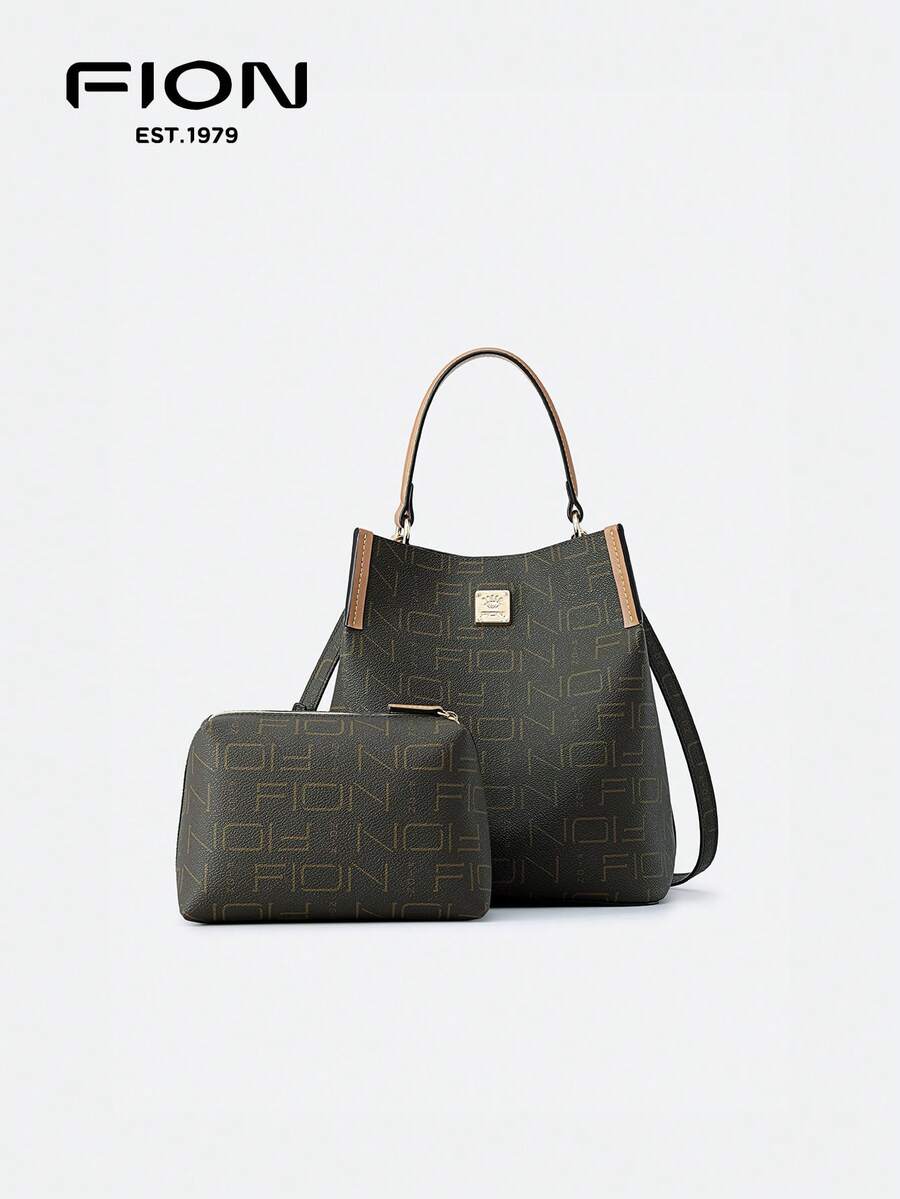 FION Tote Handbag Leather Crossbody Bag For Women With Matching Leather Purse Monogram Shoulder Bags FAAFJHW008 - Coffee Brown - View 1