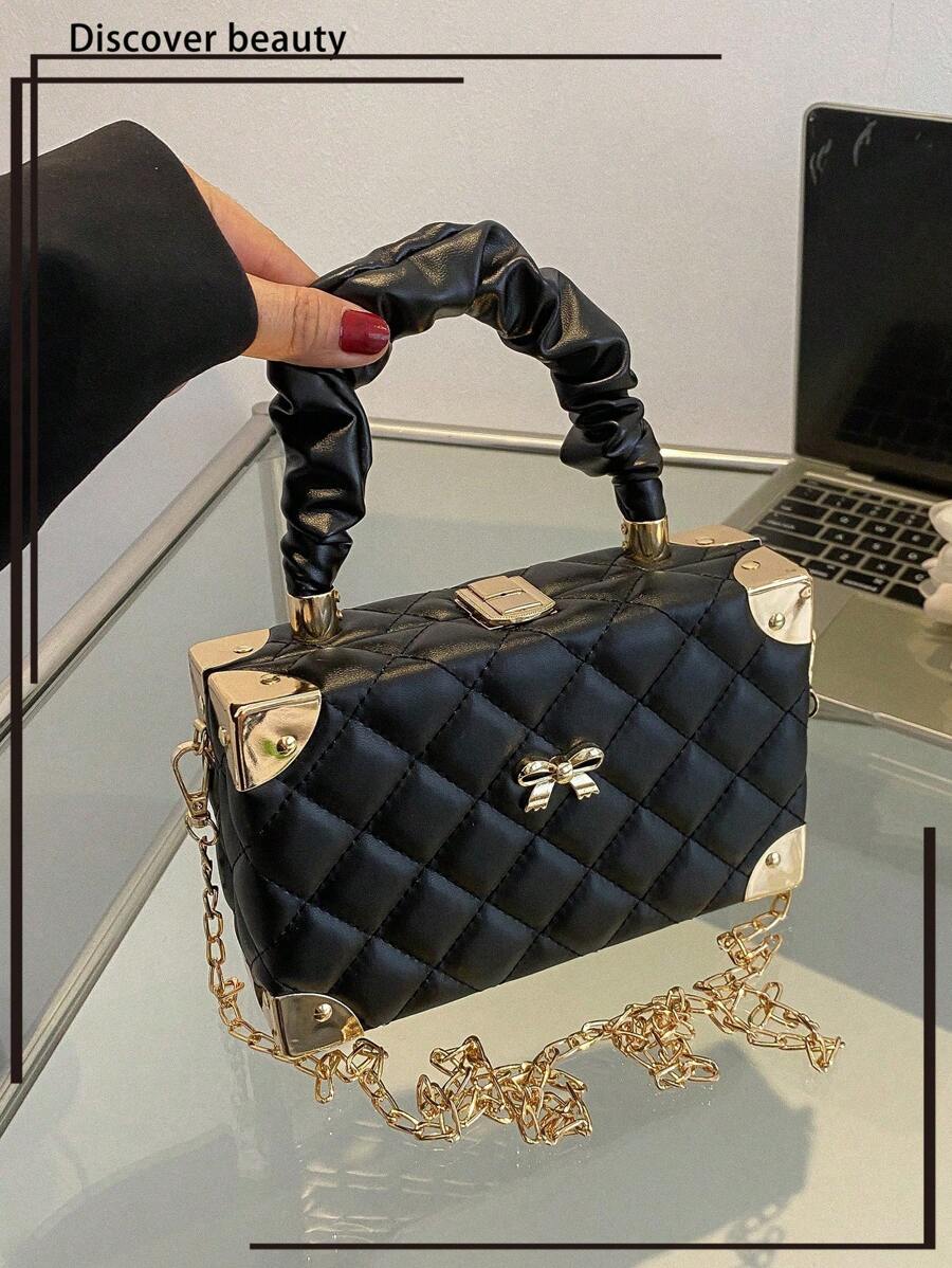 1pc New Solid Color PU Leather Quilted Box Bag With Bow Decor, Elegant Commuter Cloud Folded Handheld Box Bag With Metal Chain Strap, Daily Use Ladies' Gift Small Square Bag Pouch