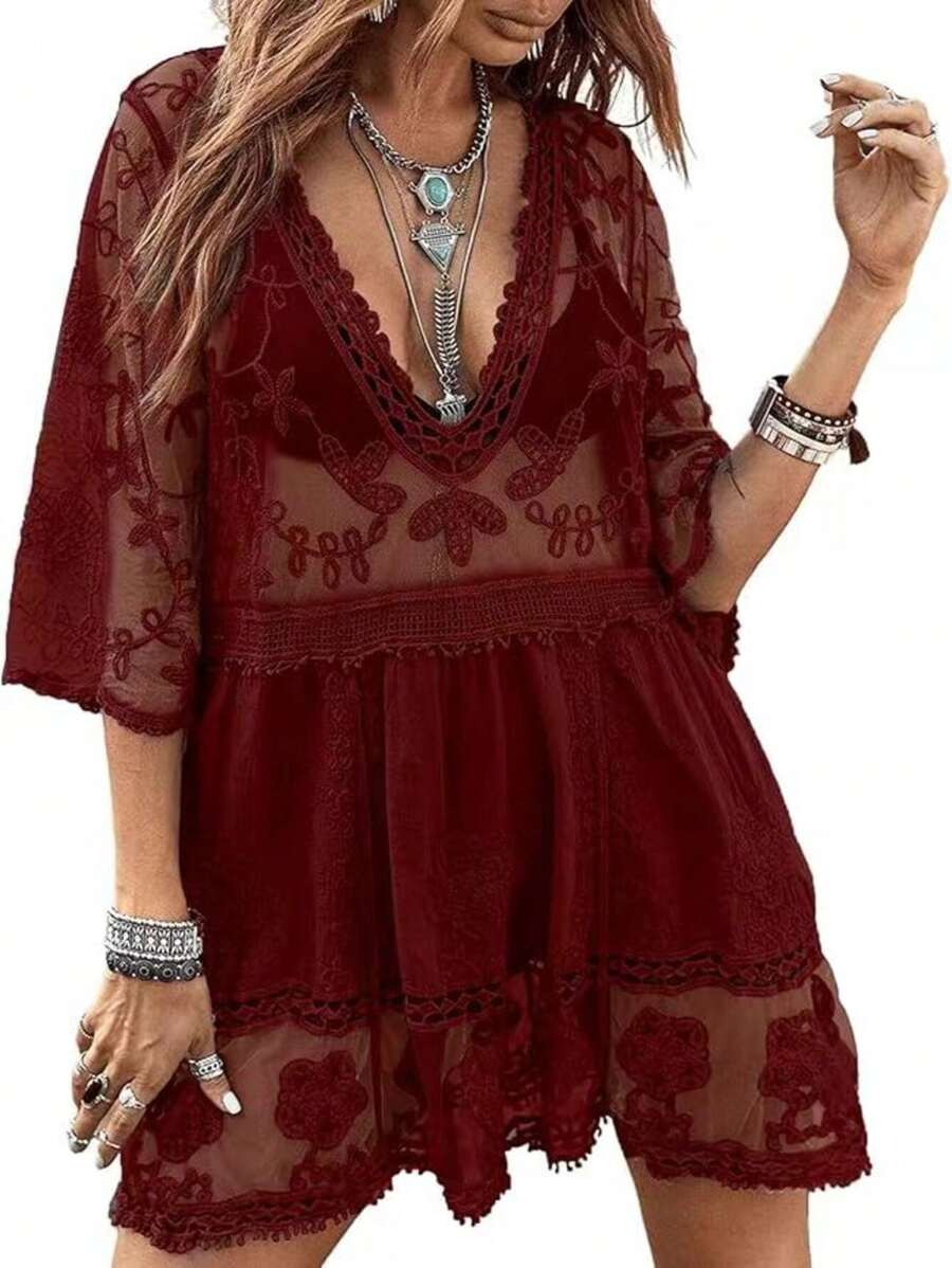 Women Cover Ups - Màu Đỏ Sâu - Xem 1