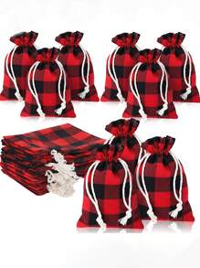 5/10/20 件圣诞格子亚麻束口袋糖果束口袋圣诞礼物袋，万圣节，万圣节装饰 - 紅格子 - 查看 1