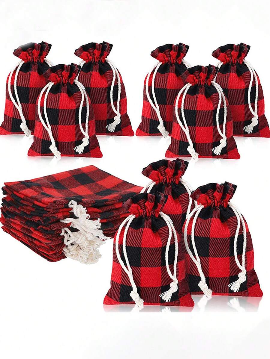 5/10/20 件圣诞格子亚麻束口袋糖果束口袋圣诞礼物袋，万圣节，万圣节装饰 - 紅格子 - 查看 1