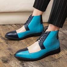 男士高帮尖头靴英伦风踝靴商务休闲皮鞋经典系带日常办公休闲皮靴 - 淺藍色 - 查看 2