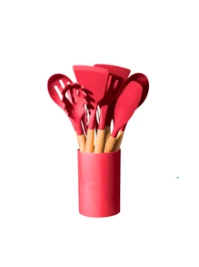 Kitchen Set Kit With 12 Silicone Pieces, Utensils And Cup Holder For Kitchen With Wooden Handle - Red - View 1