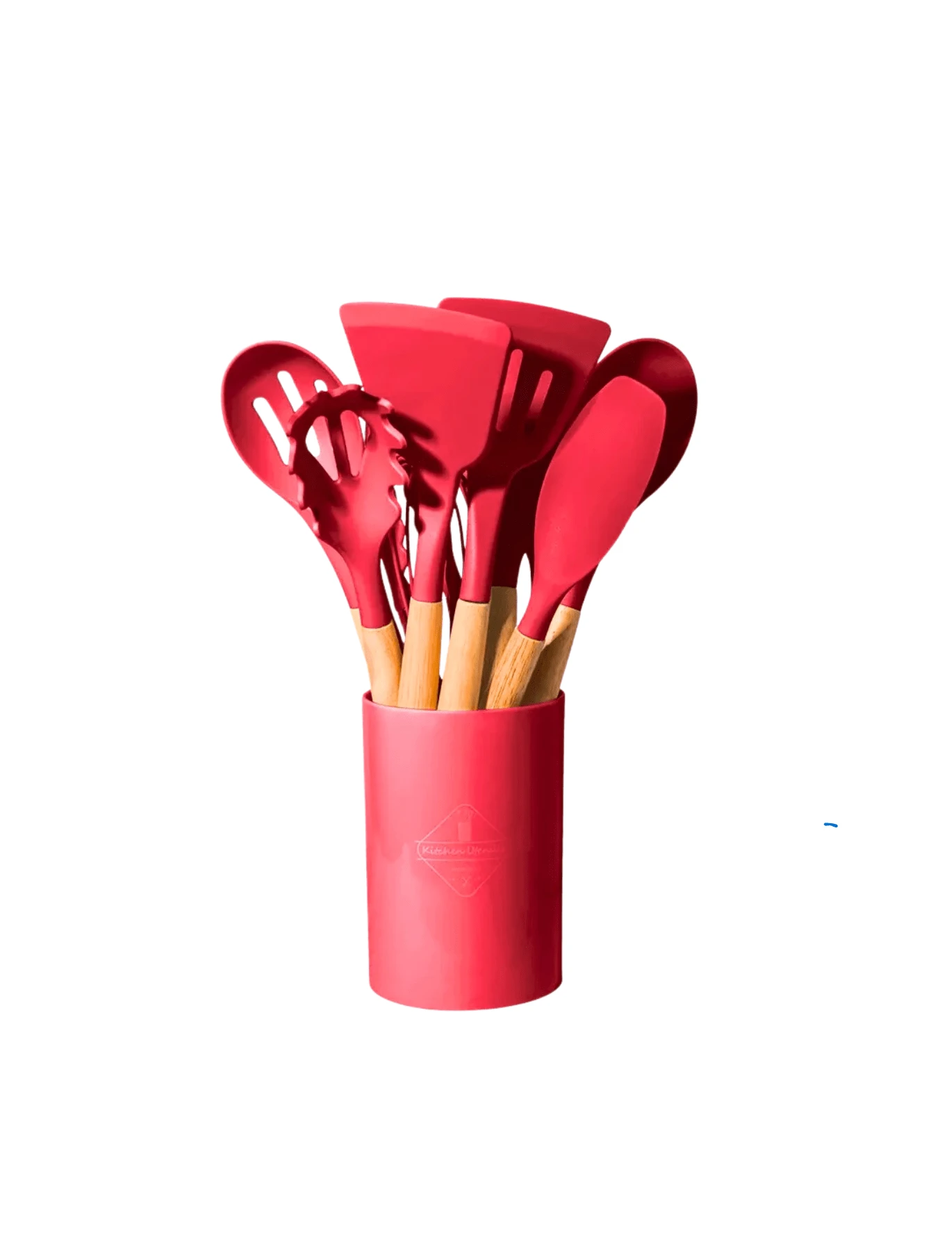 Kitchen Set Kit With 12 Silicone Pieces, Utensils And Cup Holder For Kitchen With Wooden Handle - Red - View 1