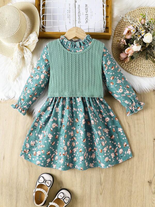 2pcs Young Girl Retro Ditsy Floral Corduroy High Neck Long Sleeve Ruffle Hem Dress & Textured Knit Camisole Set