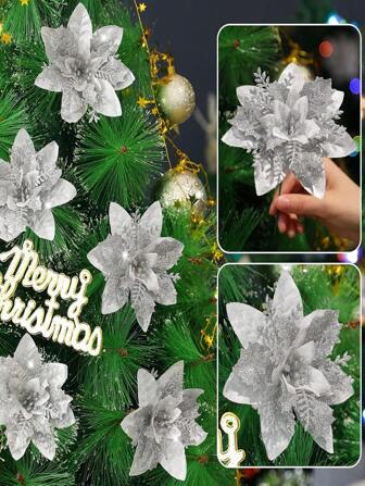6pcs Artificial Poinsettia Flowers, Realistic Christmas Tree Decorative Flowers For Christmas Party Decor, Christmas Tree Ornaments