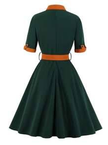 1950s Dresses Vintage Rockabilly Retro Short Sleeve Tie Midi Dress With Belt Cocktail Party Dress For Women - 墨綠色 - 查看 2