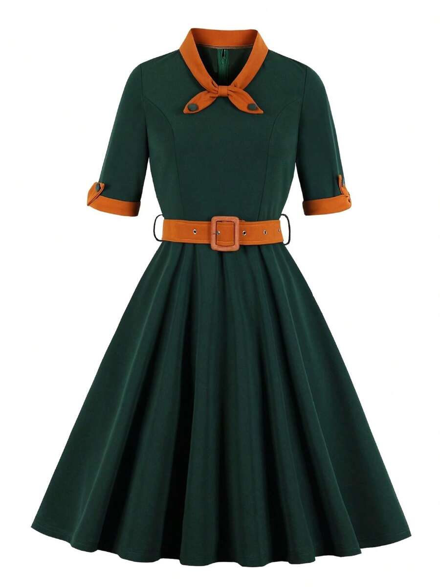 1950s Dresses Vintage Rockabilly Retro Short Sleeve Tie Midi Dress With Belt Cocktail Party Dress For Women - 墨綠色 - 查看 1