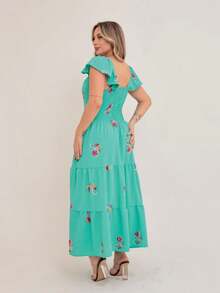 Luxury Dune Embroidered Midi Dress With Ruffle On The Sleeve - 薄荷綠 - 查看 3