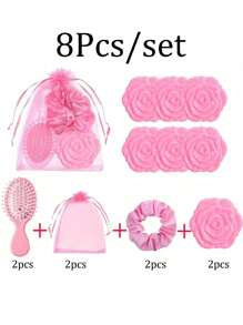24pcs/Set Bridal Shower Favors,Hair Brush+Scrunchies+Cosmetic Mirror+Organza Bags, Hair Accessories For Wedding, Bridesmaid, Proposal, Birthday, Gender Reveal Parties - Pink Party Favors,
