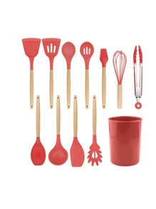 Kitchen Set Kit With 12 Silicone Pieces, Utensils And Cup Holder For Kitchen With Wooden Handle - Red - View 3