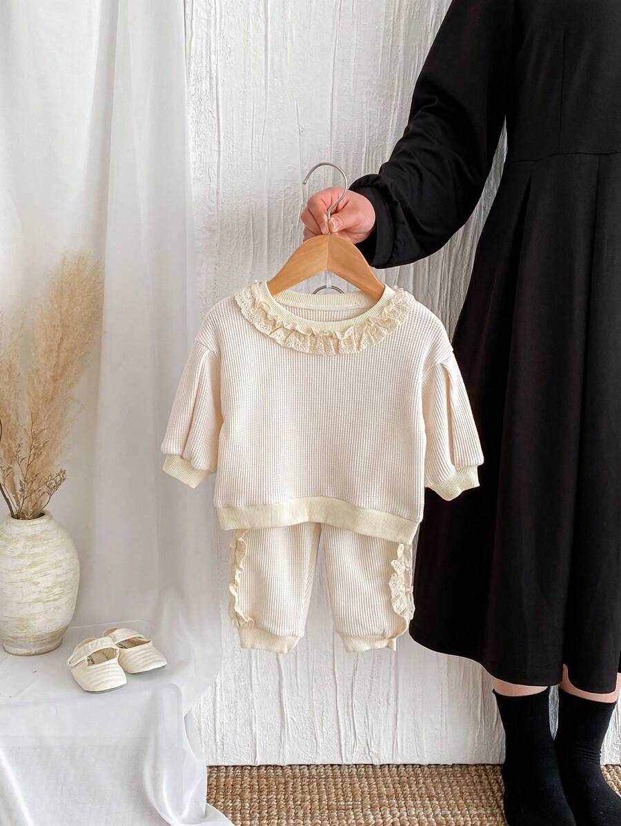 2 piezas Conjunto de sudadera de manga larga y pantalones con estampado floral y volantes lindo para niñas pequeñas, primavera otoño - Albaricoque - Ver 1