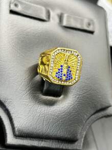 Men's Gold Stainless Steel Ring Our Lady Of Aparecida With Blue Stone Studs Engraved Prayers And Faith - 金色 - 查看 6