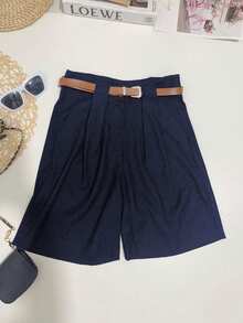 Women's Linen Shorts/Plinsaso/With Belt Loops/Knife Pocket/Comes With Belt - 藏蓝色 - 查看 2