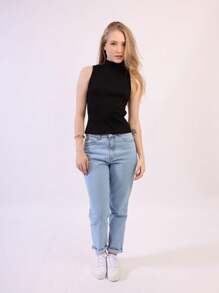 Kit 3 Women's Ribbed Tank Top Cotton Turtleneck Blouse Plain Basic T-Shirt Black White Nude - 奶油色 - 查看 4