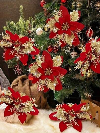6pcs/Set Artificial Christmas Poinsettia Flowers, Fake Christmas Tree Ornament Decoration, Suitable For Christmas Party Decor