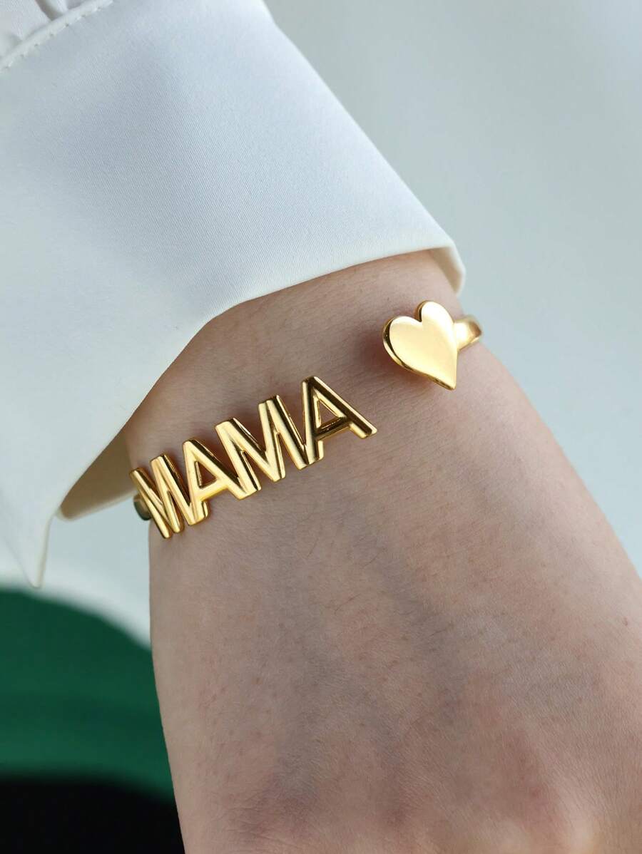 1件装 MAMA 字母心形开口手镯，18K金/铂金不锈钢可调节开口手镯，母亲节时尚饰品礼物 - Mama - 查看 1