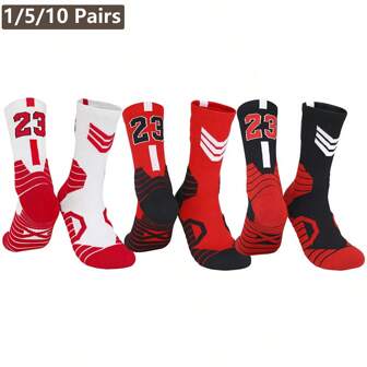 1/5 Pairs Men Women Cushion Crew Socks Sport Number 23 Basketball Football Rugby Soccer Cycling Running Hiking Exercise Athletic Socks, Gym, Fall