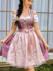 Women's German Dirndl Dress 3 Pieces Traditional Oktoberfest Costumes - Hot Pink - View 2