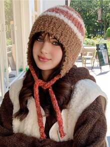 1 件女士保暖羊毛捕手帽，厚护耳帽，带编织绒球，适合秋冬季户外使用
