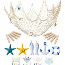 Bộ 16 lưới đánh cá hàng hải trang trí tường chủ đề bãi biển trang trí đại dương treo tường Địa Trung Hải trang trí lưới đánh cá hàng hải mộc mạc với đồ trang trí sao biển và kẹp cho tiệc cướp biển chụp ảnh trang trí, trang trí nhà cửa, trang trí phòng, trang trí tường - Màu be - Xem 2