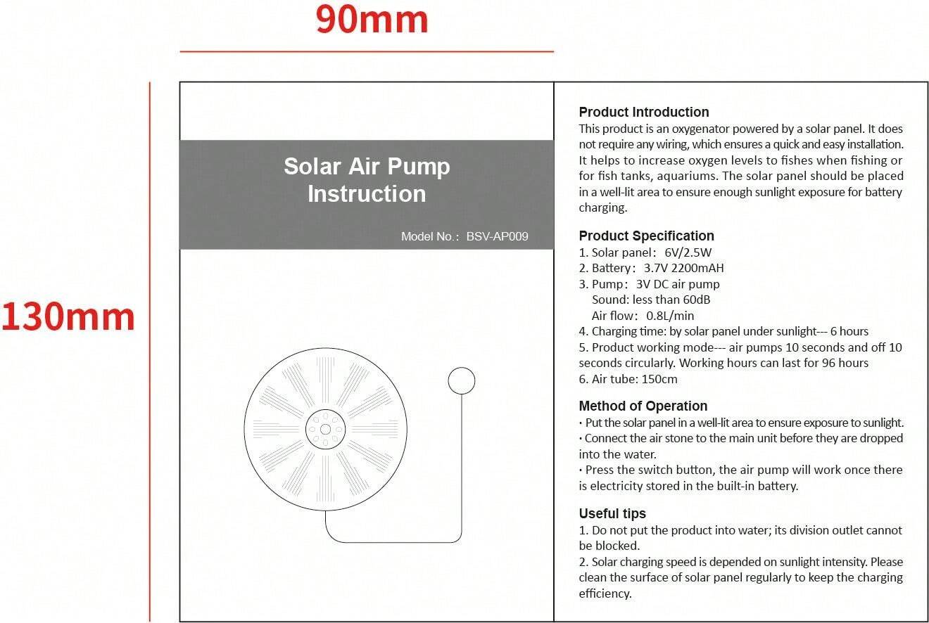 Aireador Solar Para Estanque O Pecera - Bomba De Oxígeno Silenciosa Con Energía Solar, 2L/min, UK