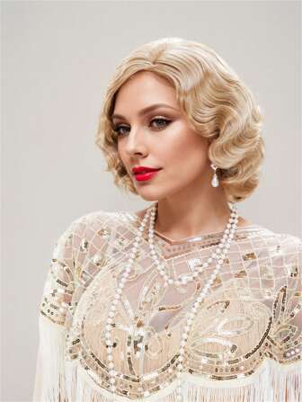 金色手指波浪假发，1920年代盖茨比复古风格，中长款，15英寸长卷曲合成假发，适合女性日常、角色扮演、万圣节、圣诞节、新年派对、服装装扮。