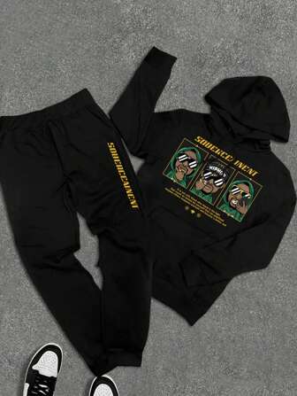 2 件男士休闲标语、卡通人物抽绳连帽衫和运动裤套装