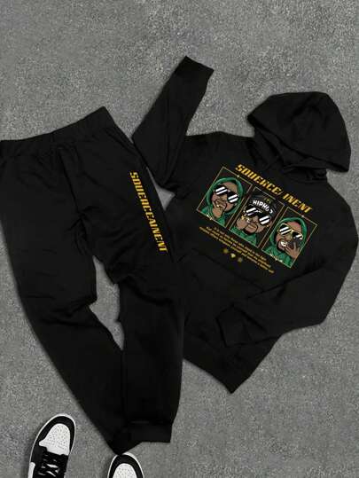 2 Stücke Herren Lässig Slogan, Cartoon Figur Kapuzen-Sweatshirt mit Kordelzug und Jogginghose Set