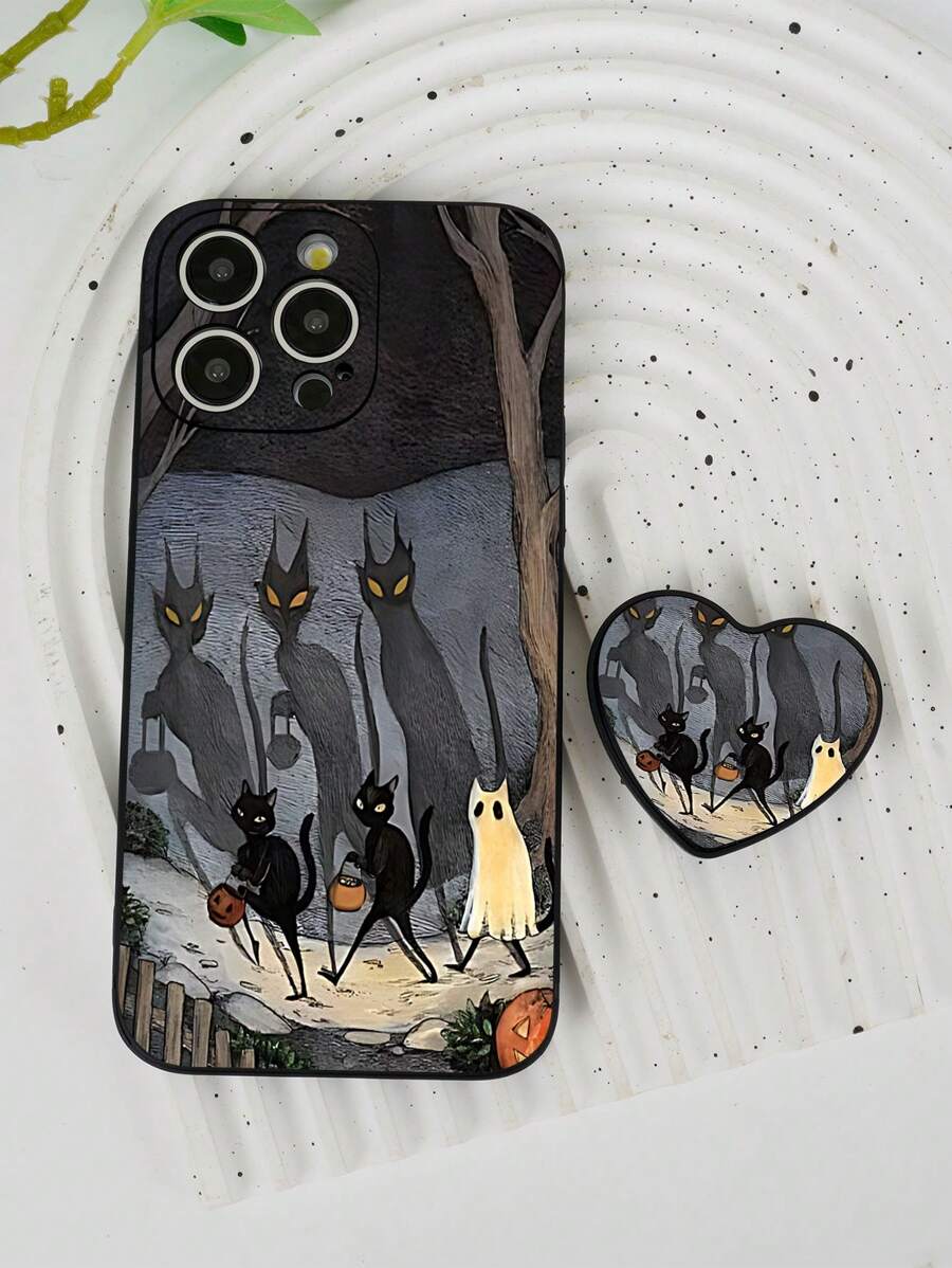 1pc Halloween Black TPU Pumpkin Lantern & Black Cat Pattern Shockproof Phone Case + 1pc 360° Rotating Foldable Heart Phone Holder, Compatible With Iphone/Samsung///OPPO/Galaxy A52/A52s 5G/A14/S23 Ultra/IPhone 14 Pro Max/OPPO A54/A54/Redmi 10/Note 8/12C/11A/A13 4G/A23 5G