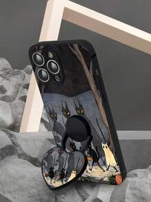 1pc Halloween Black TPU Pumpkin Lantern & Black Cat Pattern Shockproof Phone Case + 1pc 360° Rotating Foldable Heart Phone Holder, Compatible With Iphone/Samsung///OPPO/Galaxy A52/A52s 5G/A14/S23 Ultra/IPhone 14 Pro Max/OPPO A54/A54/Redmi 10/Note 8/12C/11A/A13 4G/A23 5G