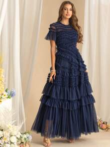 Fashion Casual Banquet Dresses Summer New Women's Round Neck Short-Sleeved Mesh Spell Three-Dimensional Frill Edge Layer Dress Dresses, Wedding Event Dress Party Dress Wedding Guest Cocktail Dress - Navy Blue - View 1