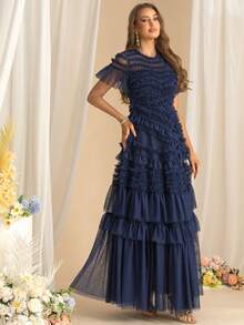 Fashion Casual Banquet Dresses Summer New Women's Round Neck Short-Sleeved Mesh Spell Three-Dimensional Frill Edge Layer Dress Dresses, Wedding Event Dress Party Dress Wedding Guest Cocktail Dress - Navy Blue - View 4