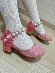 1pair Girls Fashion Elegant Bowknot Pearl Rhinestone Design Princess High Heel Dress Shoes, Pink Color, Breathable Anti-Slip, Suitable For Spring Summer Autumn Wedding Party Stage