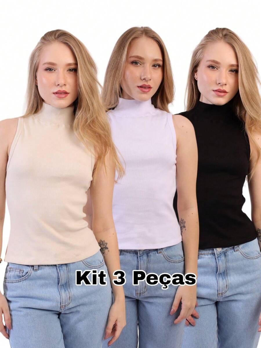 Kit 3 Women's Ribbed Tank Top Cotton Turtleneck Blouse Plain Basic T-Shirt Black White Nude - 奶油色 - 查看 1
