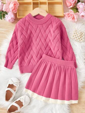 2 件套少女纯色针织上衣和裙子套装，女孩秋冬装