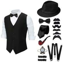 9Pcs/Set Men's 1920s Costume Set - Roaring 20s Flapper Outfit, Speakeasy Attire With Vest, Fedora Hat, Suspenders, Bow Tie, Vintage Accessories (Shirt Not Included) - 黑色 - 查看 1