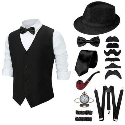 9Pcs/Set Men's 1920s Costume Set - Roaring 20s Flapper Outfit, Speakeasy Attire With Vest, Fedora Hat, Suspenders, Bow Tie, Vintage Accessories (Shirt Not Included)