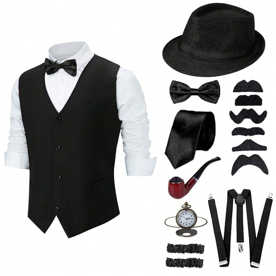 9Pcs/Set Men's 1920s Costume Set - Roaring 20s Flapper Outfit, Speakeasy Attire With Vest, Fedora Hat, Suspenders, Bow Tie, Vintage Accessories (Shirt Not Included) - 黑色 - 查看 1