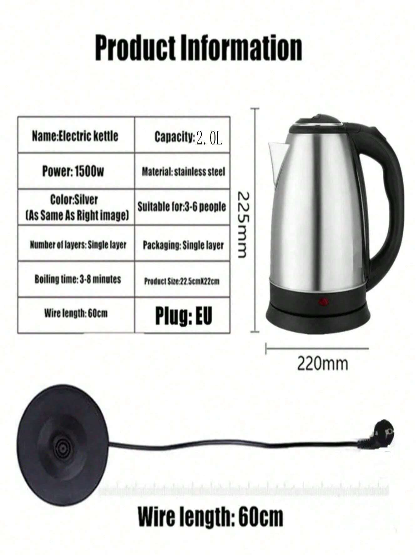2.0L Stainless Steel Electric Kettle Silver Gray Base Separation Desion