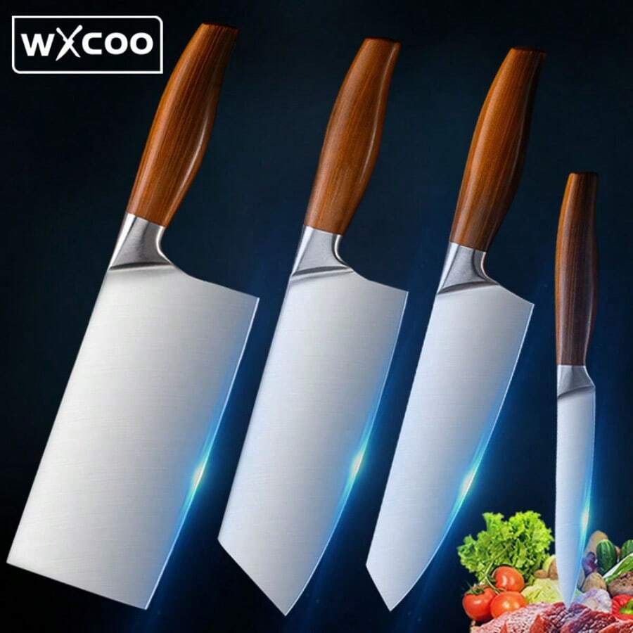 4 件套厨房厨师刀套装不锈钢实用刀多用途刀切肉猪鱼杀鱼刀蔬菜水果刀家用厨房切肉刀切菜刀烹饪刀厨房方便 - 4件 - 查看 1