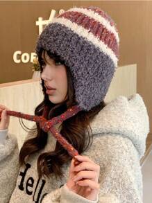 1 件女士保暖羊毛捕手帽，厚护耳帽，带编织绒球，适合秋冬季户外使用