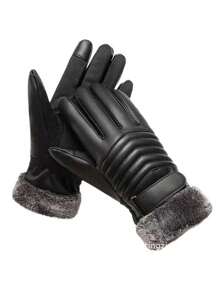 kissyouths 女士派對冬季PU洗水皮登山戶外騎行機車加厚保暖防水防風皮手套觸控防滑手套 - 黑色 - 查看 1