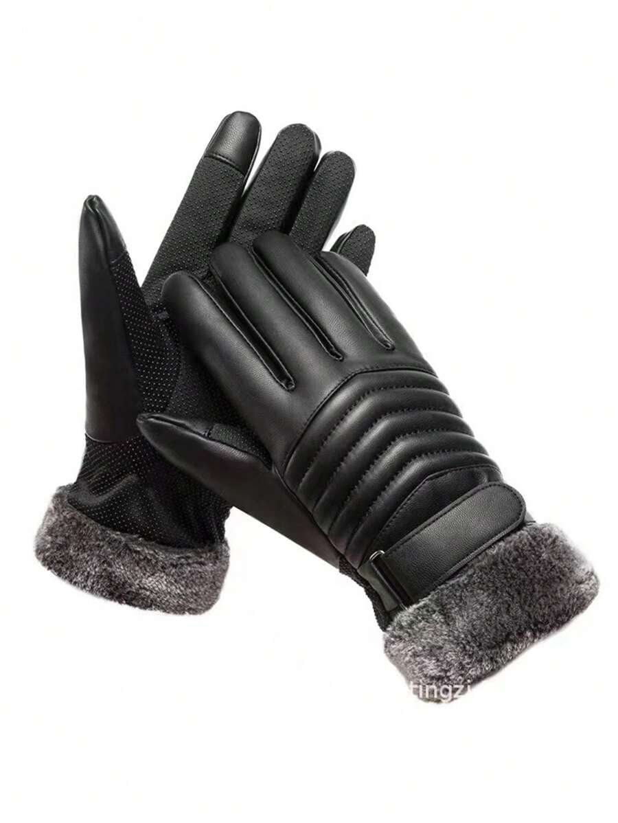 kissyouths 女士派對冬季PU洗水皮登山戶外騎行機車加厚保暖防水防風皮手套觸控防滑手套 - 黑色 - 查看 1
