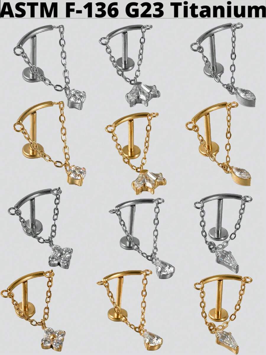 1PC Cubic Zirconia Dangle G23 Solid Titanium Cartilage Earrings Stud 16G Internally Threaded Chain Cz Flower Helix Ear Tragus Piercing Jewelry