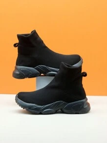Cross-Border Kids Sneakers, Unisex All-Black Knitted Casual Sock Shoes Slip-On Trainers - Black - View 9